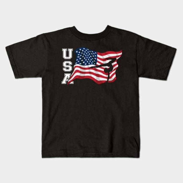 Patriotic American USA Waving Flag Girls Gymnastics Sports Kids T-Shirt by hobrath